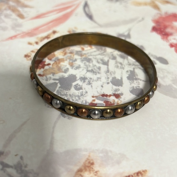 Vintage Gold Bangle Bracelet with Gold, Silver, and Bronze Studs, Boho - Picture 2 of 8